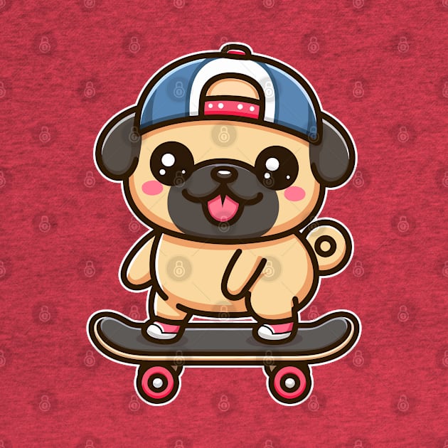 Kawaii Pug Puppy on Skateboard Cute Pug Lover by Cuteness Klub